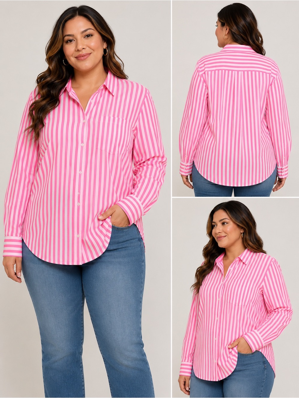 Striped Button-Up Shirt neon Pink